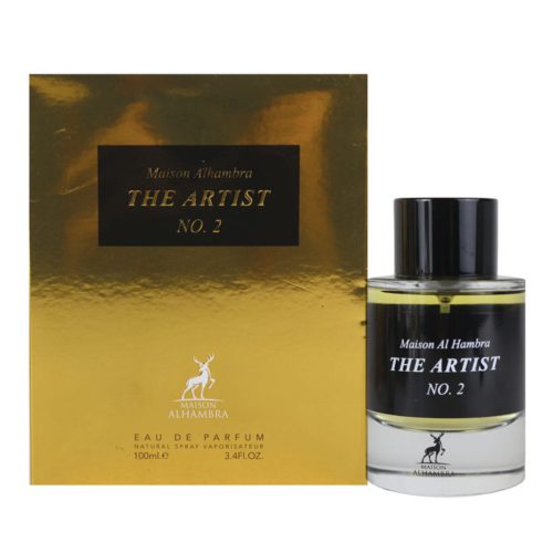 Vista completa de la botella y el empaque del perfume "The Artist No. 2" de Maison Alhambra, con una caja dorada y una botella transparente con tapa negra.