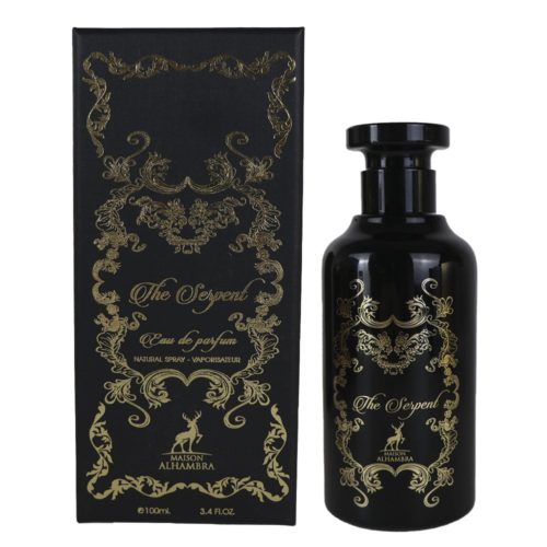 Un frasco de perfume negro de "The Serpent" de Maison Alhambra con detalles dorados intrincados y una caja negra y dorada a juego.