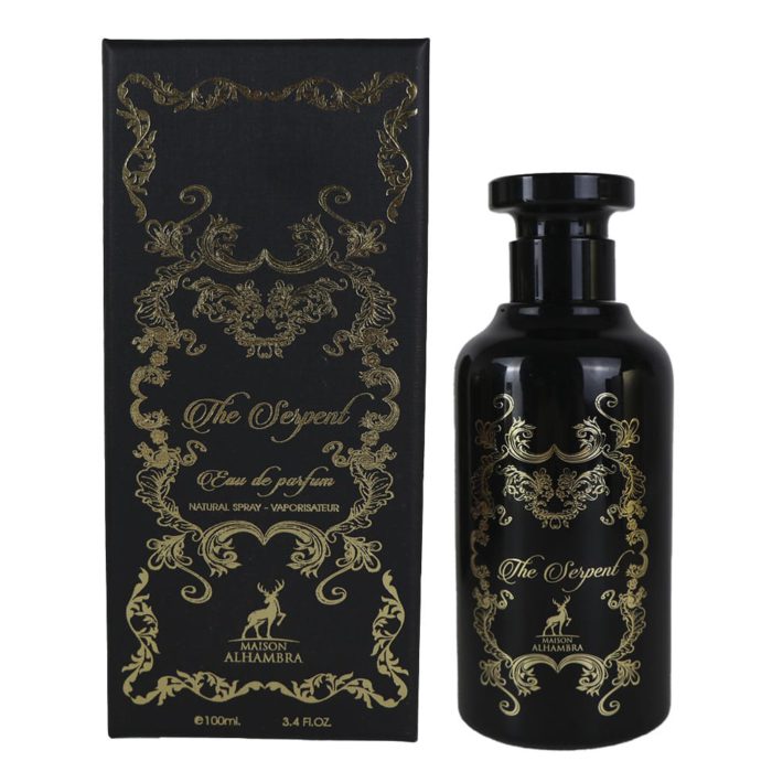 Un frasco de perfume negro de "The Serpent" de Maison Alhambra con detalles dorados intrincados y una caja negra y dorada a juego.