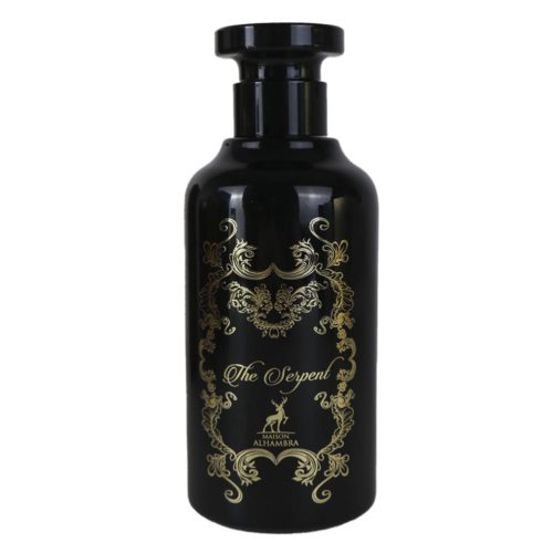 El frasco negro de "The Serpent" de Maison Alhambra, con patrones dorados elegantes y un tapón de estilo vintage único.