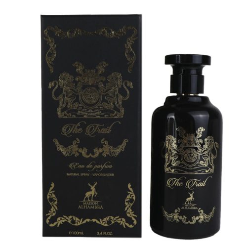 El frasco del perfume "The Trail" presentado junto a su caja negra y dorada, formando un conjunto lujoso y armonioso.