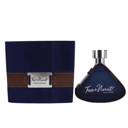 Perfume Tres Nuit Pour Homme de Armaf, mostrando el frasco junto a su lujoso empaque azul y marrón.