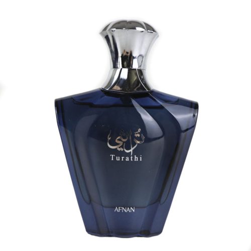 Botella de Afnan Turathi Blue Eau de Parfum para hombres, con un diseño de vidrio azul oscuro, detalles plateados y caligrafía árabe.