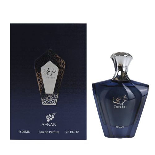 Perfume Afnan Turathi Blue con su empaque, presentando una botella de vidrio azul y una caja elegantemente diseñada con detalles plateados.