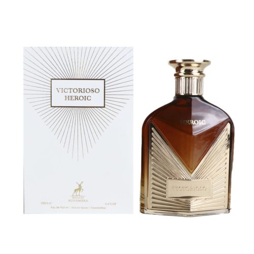 Frasco de Victorioso Heroic Eau de Parfum junto a su elegante empaque blanco con detalles dorados. La caja muestra el nombre de la fragancia y el logo de Maison Alhambra.