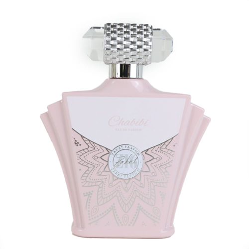 Botella del perfume Chabibi Zakat Parfum en rosa suave con detalles plateados, tapón texturizado de cristal y diseño de mandala intrincado.