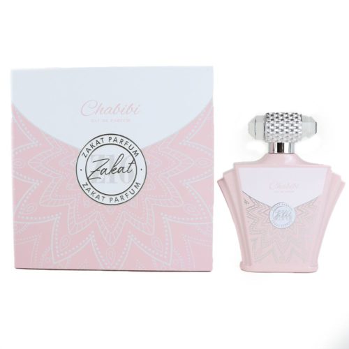 Set de caja y botella del perfume Chabibi Zakat Parfum en rosa pastel con detalles plateados, un diseño elegante con patrón de mandala