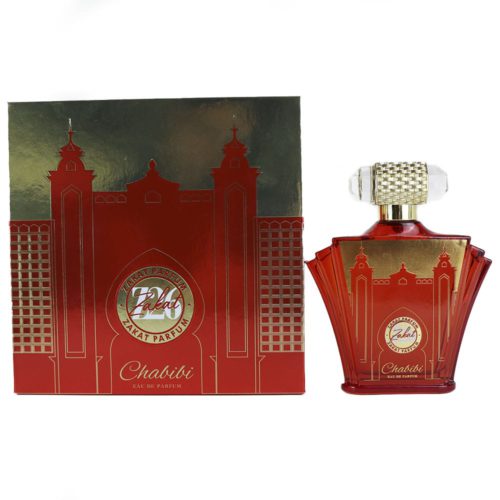 Presentación frontal completa del frasco del perfume Chabibi junto a su caja con diseño arquitectónico en rojo y dorado y logotipo de Zakat Parfum.