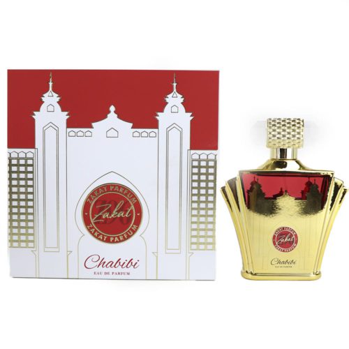 Botella y empaque de Zakat Chabibi Eau de Parfum 100ml, con un diseño inspirado en la arquitectura en tonos dorado y rojo.