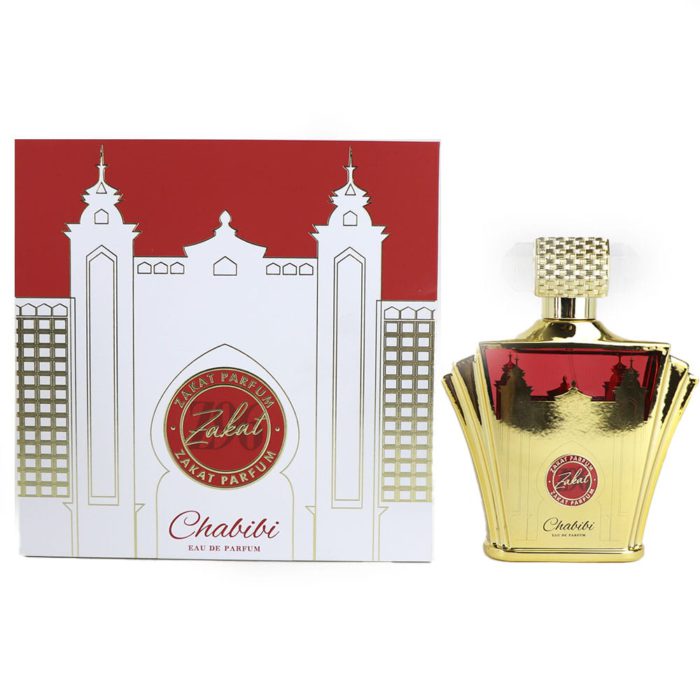 Botella y empaque de Zakat Chabibi Eau de Parfum 100ml, con un diseño inspirado en la arquitectura en tonos dorado y rojo.