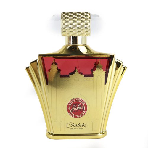 Primer plano de la botella de Zakat Chabibi Eau de Parfum 100ml, dorada con detalles arquitectónicos en rojo y tapa texturizada.
