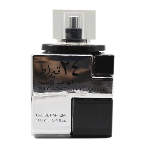 Primer plano del frasco plateado y negro del perfume 24 Carat White Gold de Lattafa con tapa transparente y escritura árabe.