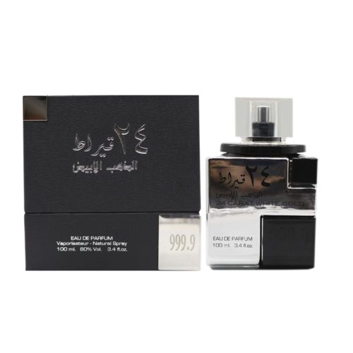 Presentación completa del perfume 24 Carat White Gold de Lattafa mostrando la caja y el frasco abierto uno al lado del otro.