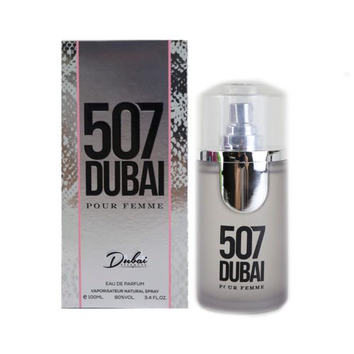 Botella y empaque del perfume "507 Dubai Pour Femme", con un diseño moderno en plata y negro con textura de piel de serpiente.