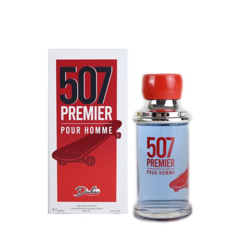Botella de 507 Premier Pour Homme Eau de Parfum junto a su empaque rojo y blanco con diseño de patineta.