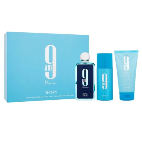 Set de regalo Afnan 9am Dive con Eau de Parfum 100 ml, desodorante perfumado 150 ml y gel de ducha 150 ml en caja azul clara.