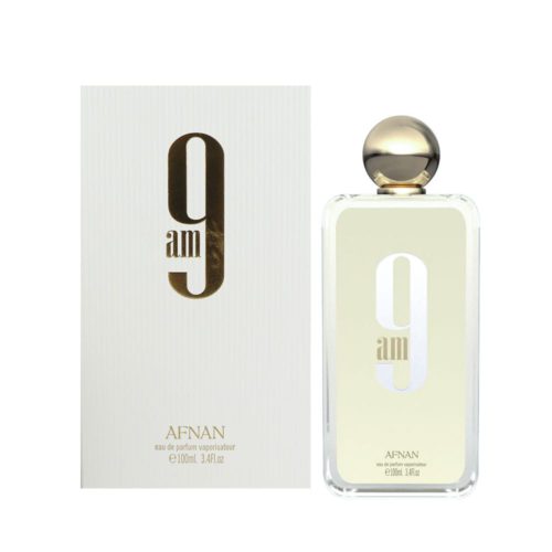 Vista completa de "9AM Eau de Parfum" de Afnan, con su empaque en caja blanca y frasco transparente con detalles dorados.