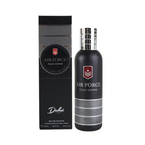 Air Force Pour Homme de Dubai Essences, mostrando el frasco y su empaque juntos.