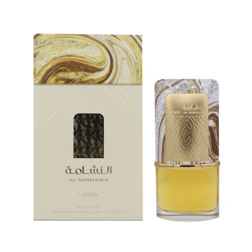Perfume Al Nashama Eau de Parfum de Lattafa, 100 ml, con caja y frasco elegantes en tonos crema y mármol dorado.