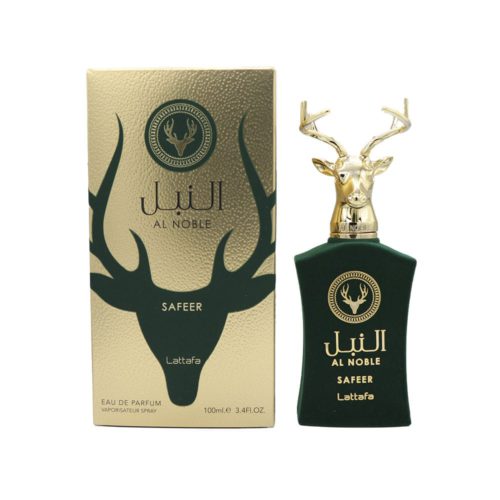 Parte trasera de la caja del perfume Al Noble Safeer de Lattafa con ingredientes y detalles de fabricación.