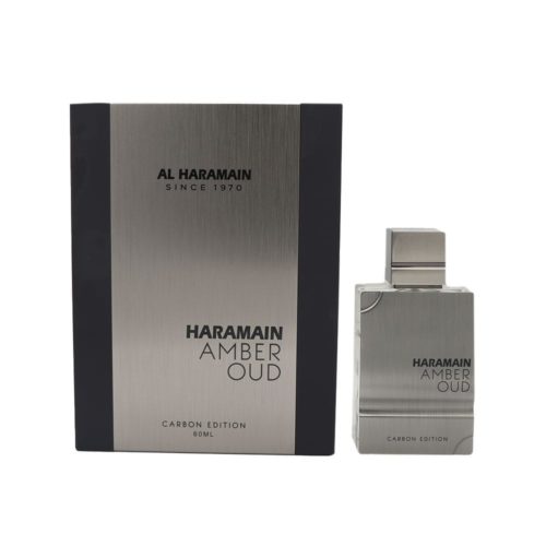 Amber Oud Carbon Edition de Al Haramain, 60 ml, presentado con caja y frasco en un estilo metálico elegante.