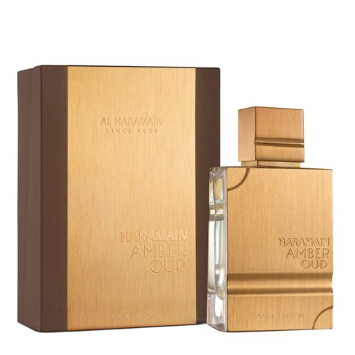 Amber Oud Gold Edition Eau de Parfum 100 ml de Al Haramain, fragancia unisex con frasco dorado y caja de lujo a juego.