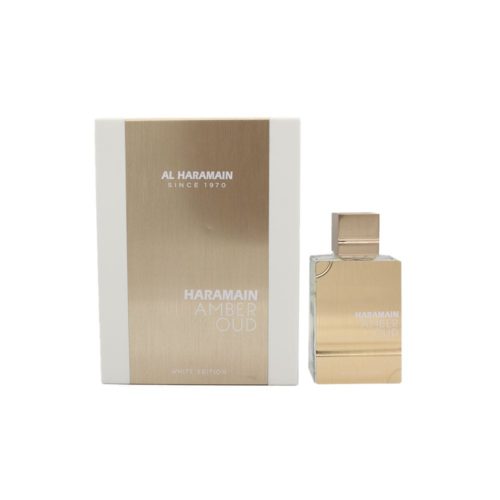 Vista frontal del set Amber Oud White Edition EDP con la caja y el frasco uno al lado del otro.