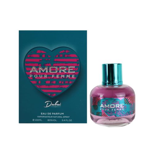 Amore Pour Femme de Dubai Essences, con frasco del perfume y caja con un gran corazón rosa y detalles metálicos.