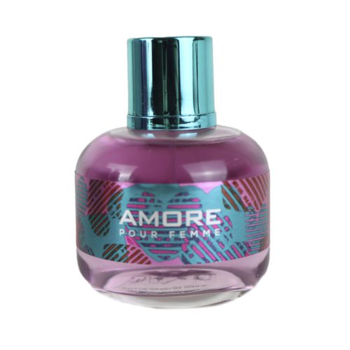 Primer plano del frasco de Amore Pour Femme de Dubai Essences, con tapa turquesa metálica y líquido rosado.