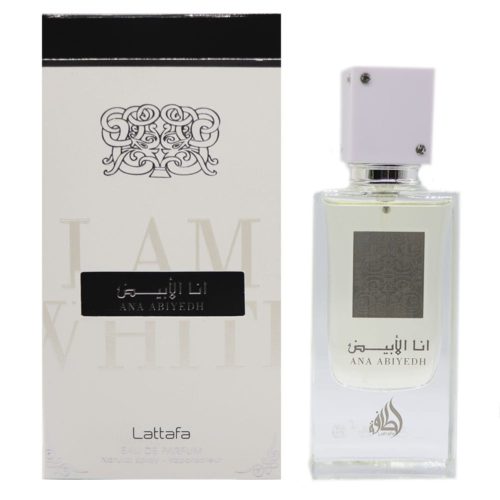 Frasco y caja del perfume Ana Abiyedh con diseño blanco minimalista, etiqueta negra y logotipo ornamental.