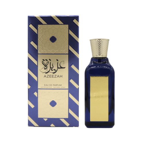 Imagen del perfume Azeezah Eau de Parfum 100 ml de Lattafa, mostrando el elegante frasco azul con dorado junto a su caja.