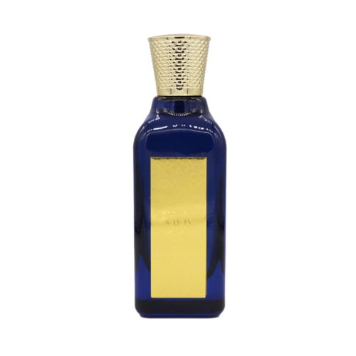 Vista aislada del frasco de perfume Azeezah en azul cobalto con etiqueta dorada y tapa metálica.