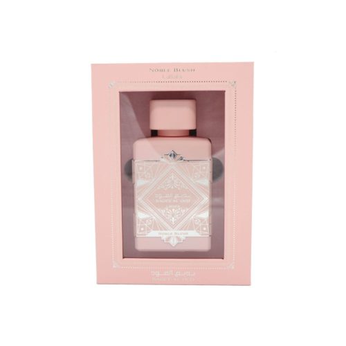 Botella del perfume Badee Al Oud Noble Blush de Lattafa dentro de su caja rosa con ventana transparente.