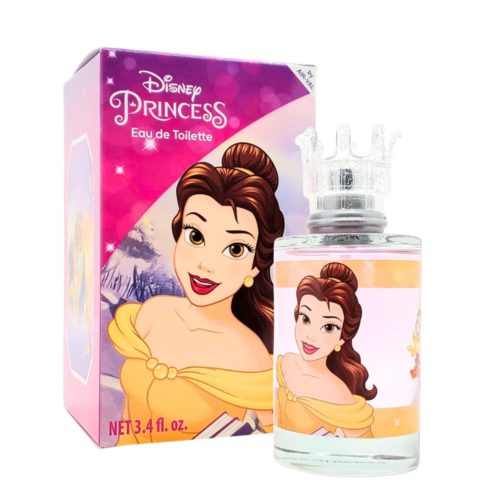 Perfume Disney Princess Belle con imagen de Bella al frente de la caja, fondo de cuento de hadas y frasco transparente con tapa en forma de corona.