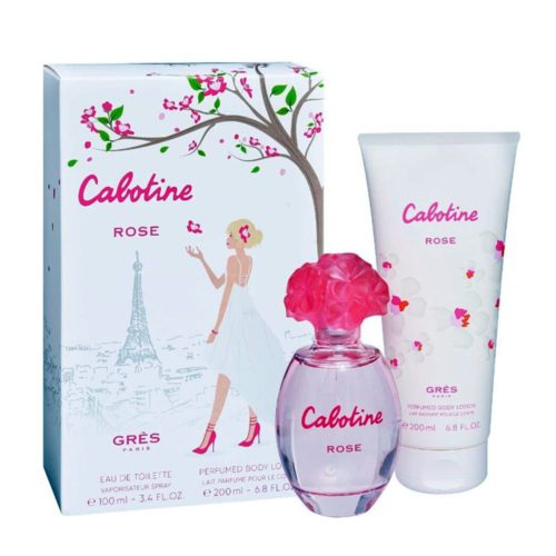 Set de regalo Cabotine Rose de Grès Paris – incluye eau de toilette de 100 ml con tapa floral y loción corporal perfumada de 200 ml, junto a caja con diseño parisino.