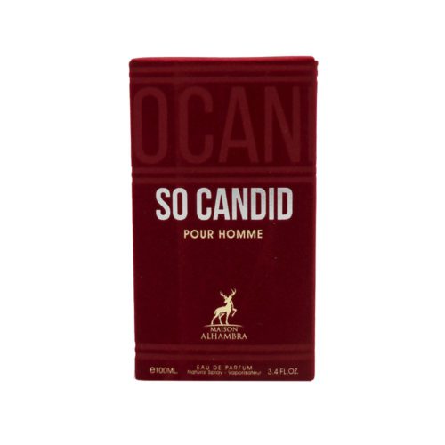 Parte frontal de la caja del So Candid Pour Homme de Maison Alhambra con letras blancas y doradas sobre fondo rojo oscuro.
