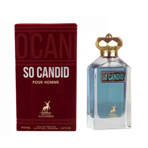 Vista frontal del perfume So Candid Pour Homme EDP 100 ml de Maison Alhambra, con caja roja de letras destacadas y frasco transparente con tapa dorada.