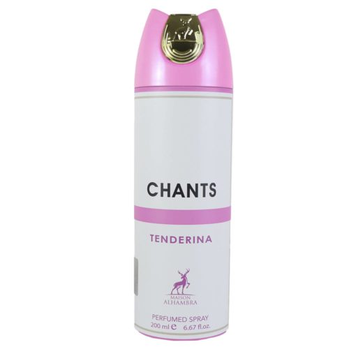 Vista frontal del spray perfumado Chants Tenderina de 200 ml para mujer, en envase blanco y rosa con tapa dorada de Maison Alhambra.