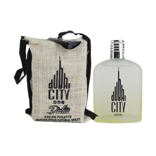 Botella de City One de Dubai Essences junto a su funda de tela rústica en beige y negro.