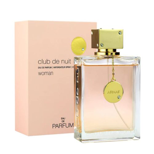Perfume Armaf Club de Nuit Woman Eau de Parfum de 100 ml con caja color durazno y tapa dorada cuadrada. Diseño elegante y femenino.