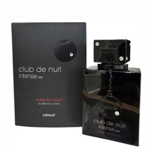 Club de Nuit Intense Man Extrait de Parfum de Armaf – caja negra y frasco negro brillante con cadena y detalles plateados.