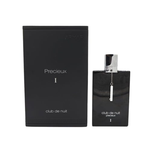 Parte frontal de la caja y frasco del perfume Club De Nuit Precieux I con acabado negro mate elegante y tipografía blanca minimalista.