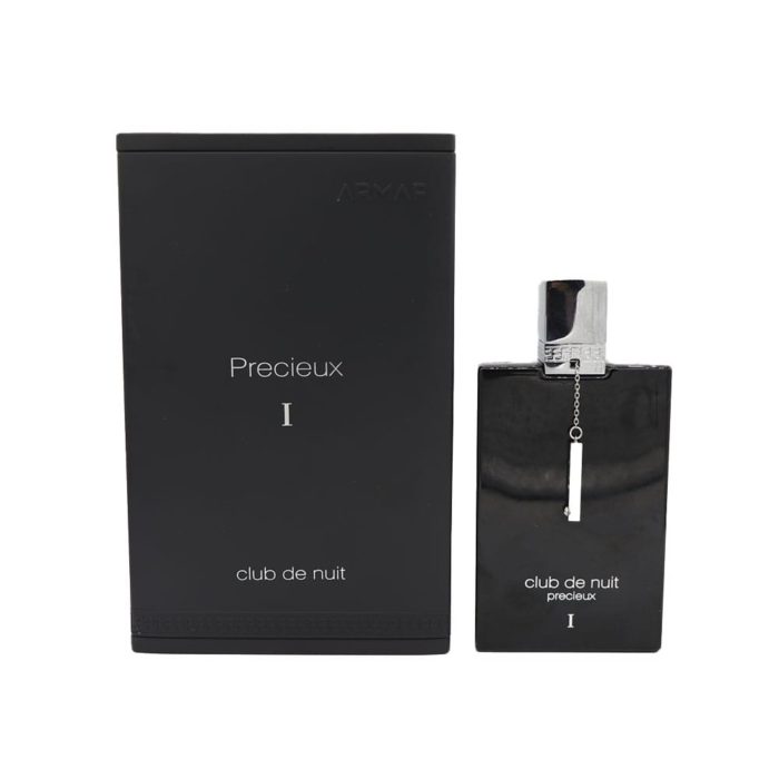 Parte frontal de la caja y frasco del perfume Club De Nuit Precieux I con acabado negro mate elegante y tipografía blanca minimalista.
