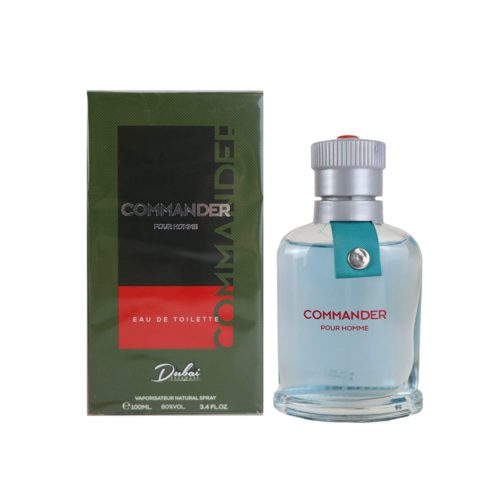 Vista frontal del frasco de perfume Commander Pour Homme y su empaque verde con detalles rojos.