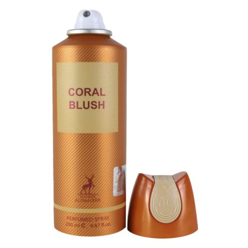 Vista trasera del spray perfumado Coral Blush de Maison Alhambra, mostrando ingredientes e información del producto en varios idiomas.