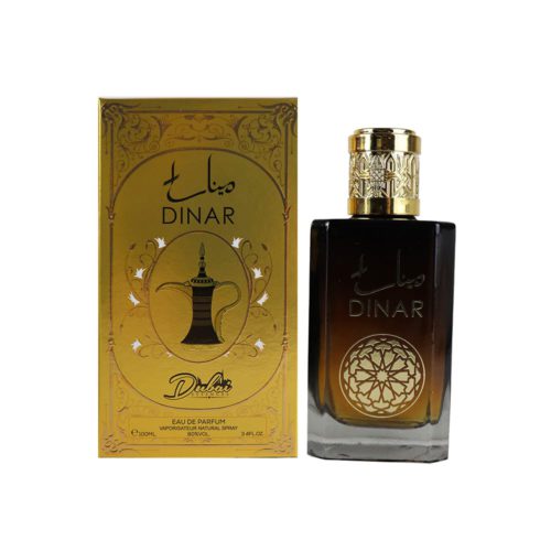 Dinar EDP 100 ml de Dubai Essences, con un lujoso frasco negro y dorado de diseño inspirado en la cultura árabe junto a su empaque dorado a juego.