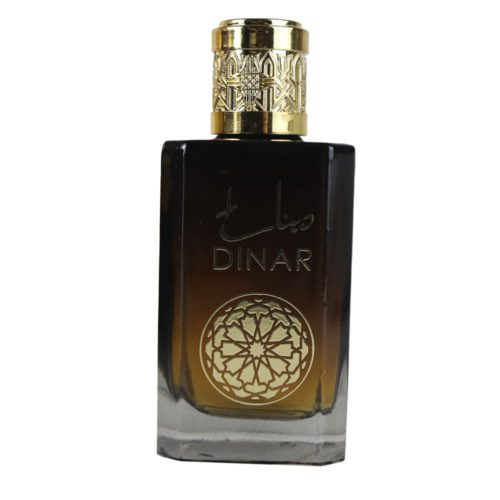 Primer plano del frasco de Dinar EDP 100 ml de Dubai Essences, con un elegante diseño en degradado de negro a dorado, caligrafía árabe y patrones dorados.