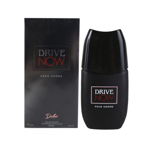 Botella del perfume Drive Now Pour Homme junto a su caja, diseño negro con detalles rojos.