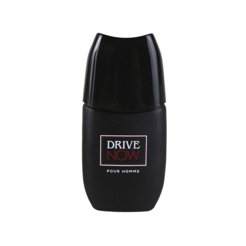 Botella del perfume Drive Now Pour Homme en negro mate con etiqueta minimalista.