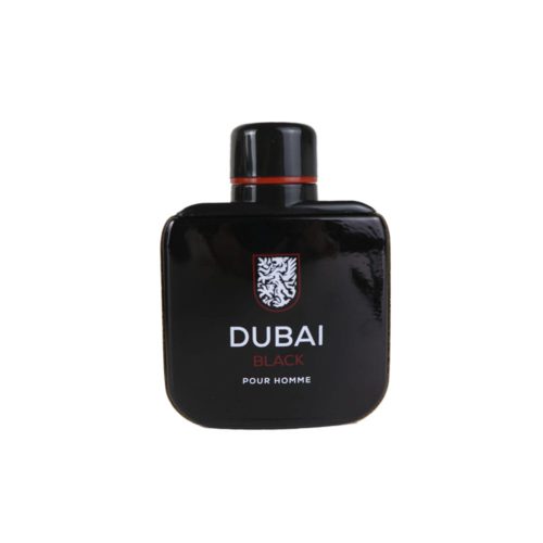 Frasco del perfume Dubai Black en color negro brillante con detalles rojos, visto de frente.